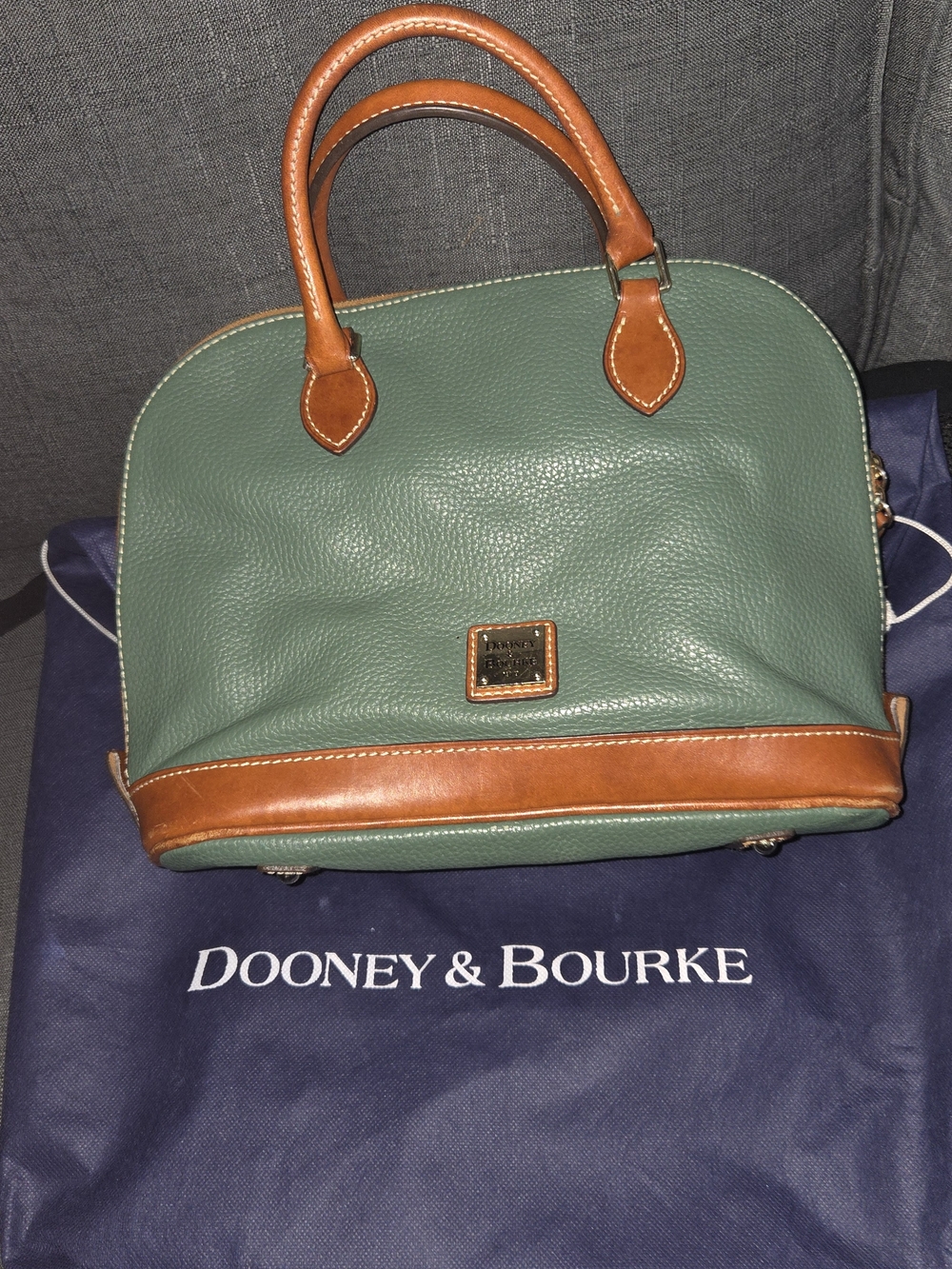 Dooney & Bourke Green Leather Satchel with Brown Trim and Handles